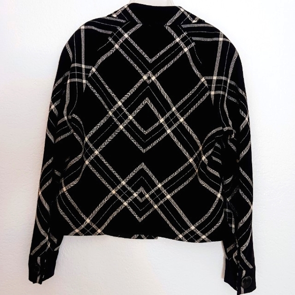 WOOL Career Jacket Black White French Styled Boxy Short Blazer Geometric Sz 8 - Picture 9 of 17
